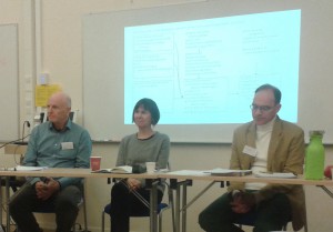 I konferensens slutpanel diskuterade Sven Kristersson, Lene Halskov Hansen och Johan Franzon det sjungna ordet som tvärvetenskapligt forskningsfält. Foto: Kajsa Dahlström.