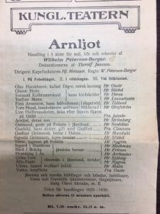 Rollistan till urpremiären av operan Arnljot på Kungliga teatern 1910.